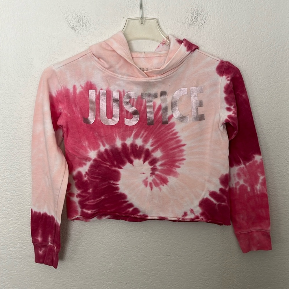 💕JUSTICE HOODIE LT SWEATSHIRT TIE DYED PINKS W/ SILVER LETTERS SZ 10 GREAT COND